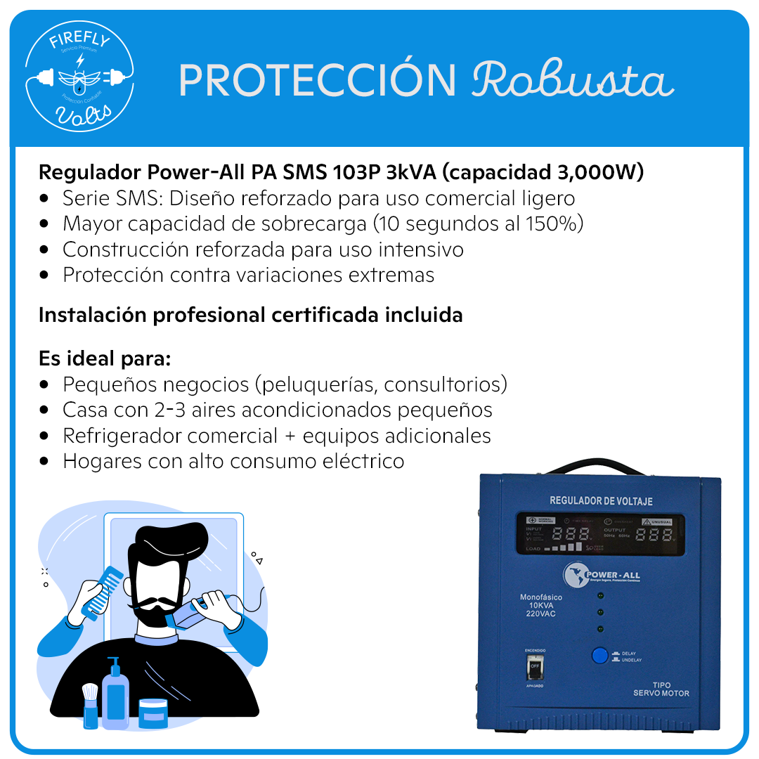 Protección Robusta para 2-3 Equipos | Regulador 110V 3kVA SMS | Instalación Incluida