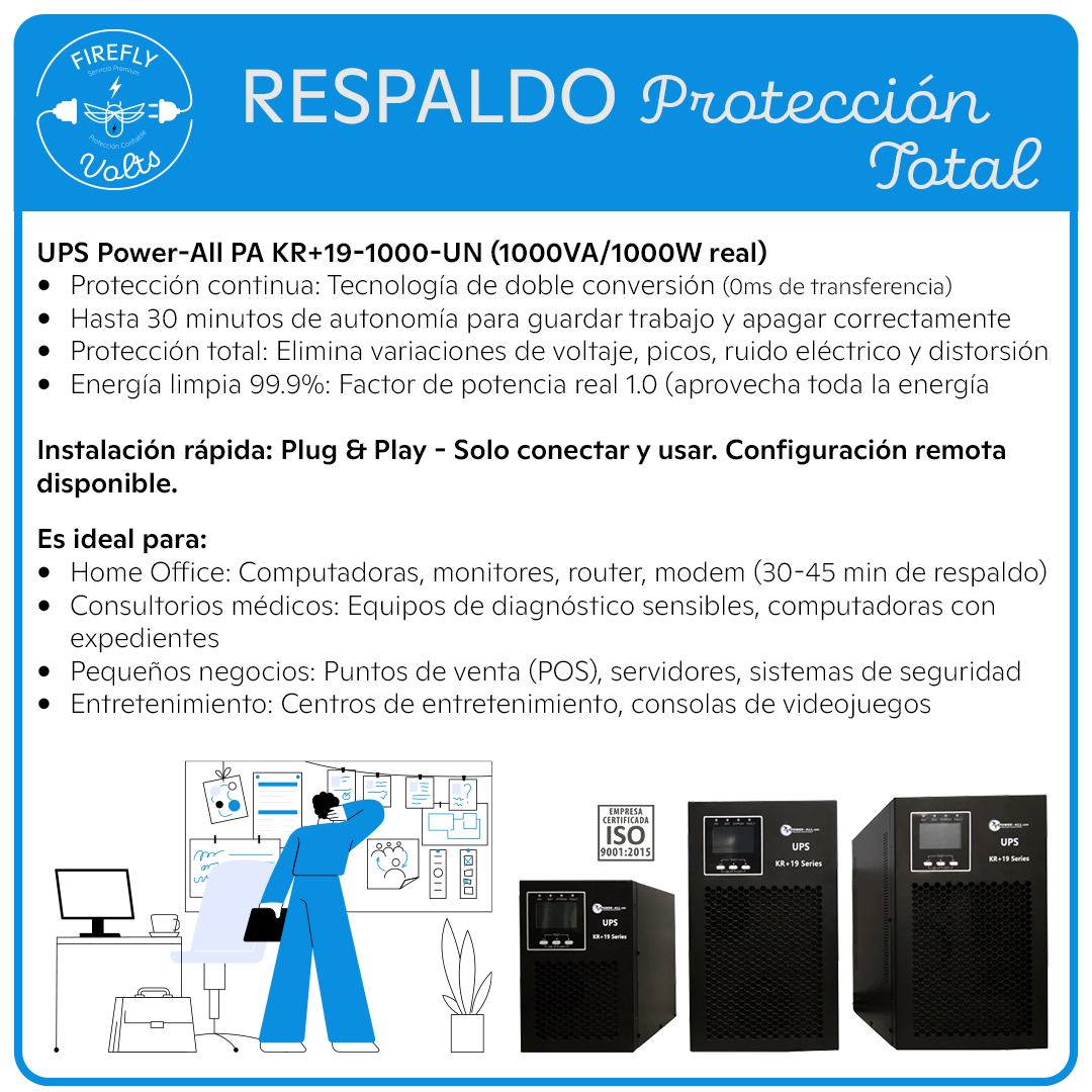 Respaldo de Energía Profesional 1000W | UPS Doble Conversión | Protección Total para Home Office y Equipos Médicos