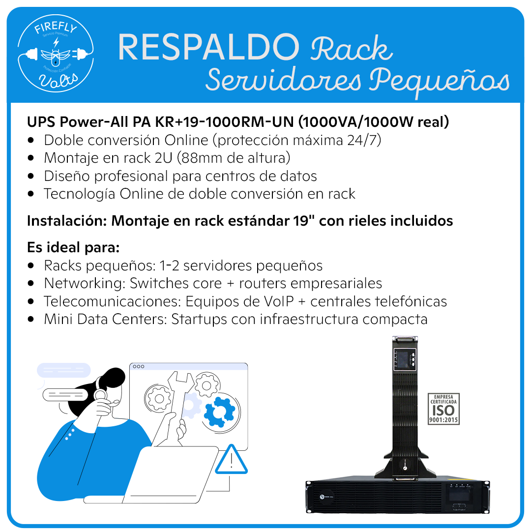 Respaldo Rack 1000W Doble Conversión | UPS 2U Montaje en Rack | Servidores Pequeños
