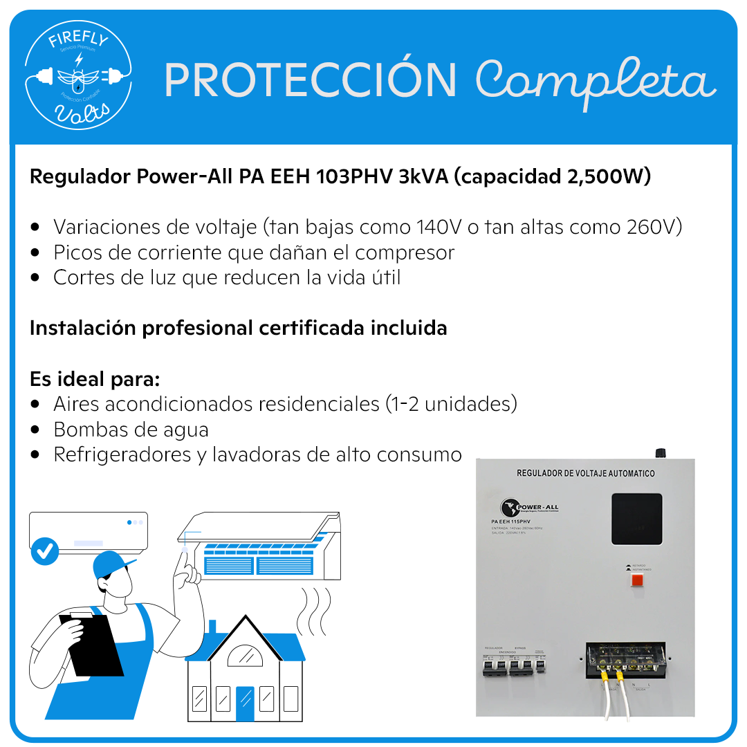 Protección Completa para 1-2 Aires Acondicionados | Regulador 220V 3kVA | Instalación Incluida