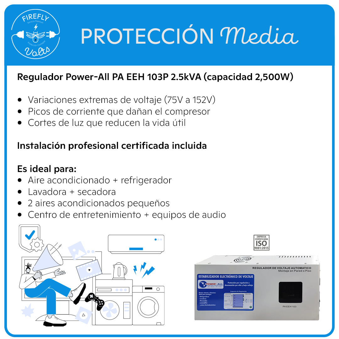 Protección para 1-2 Electrodomésticos | Regulador 110V 2.5kVA | Instalación Incluida